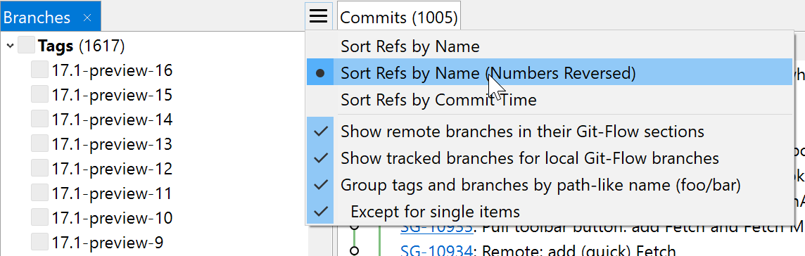 Branches and tags can be sorted by name, numbers reversed.