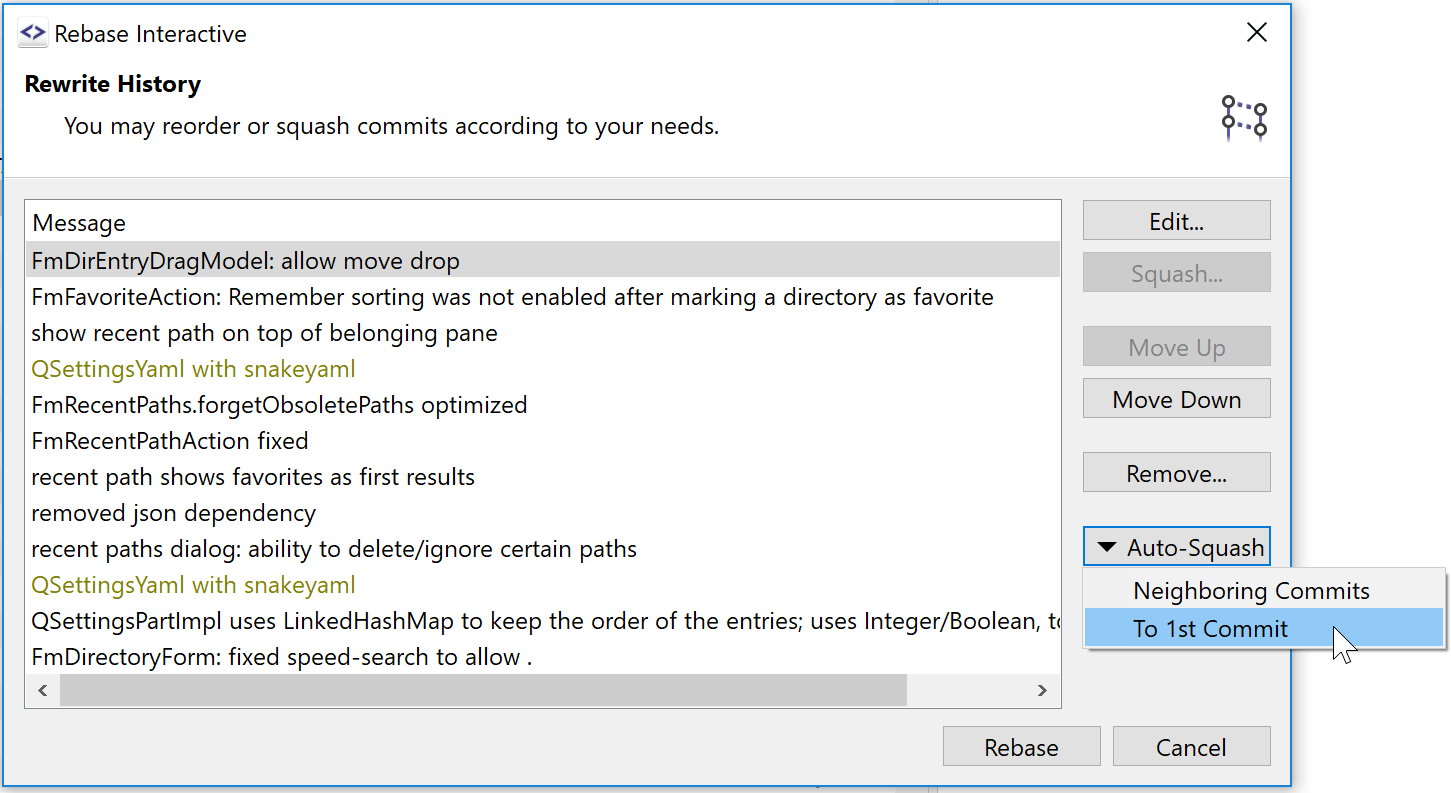 Rebase interactive supports auto-squashing similar named commits