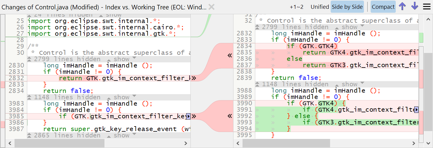 Changes view with compact side-by-side diff.