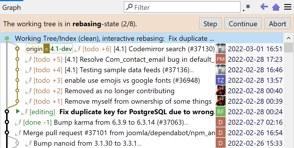 The rebasing state in the Log Graph.