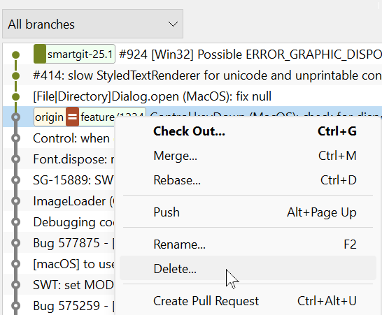 Right-click the branch to delete.