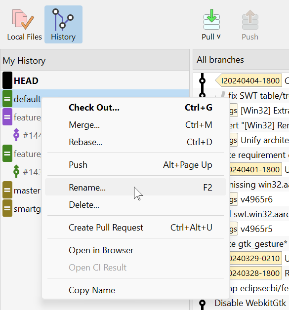 Rename a branch with SmartGit.