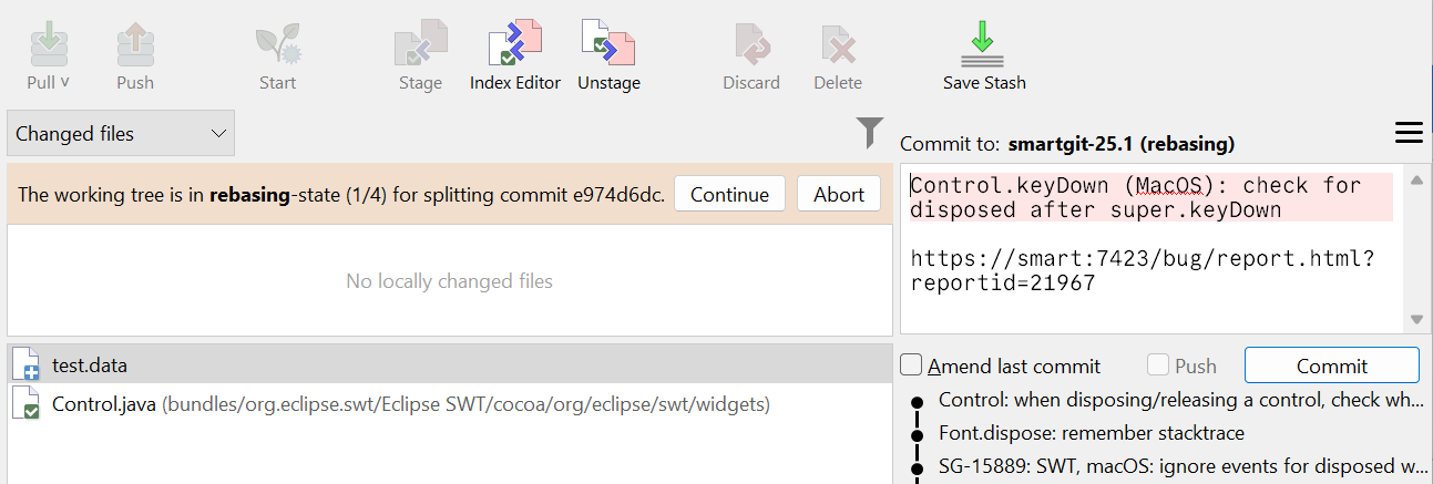 Splitting a commit showing the commit changes in the index.