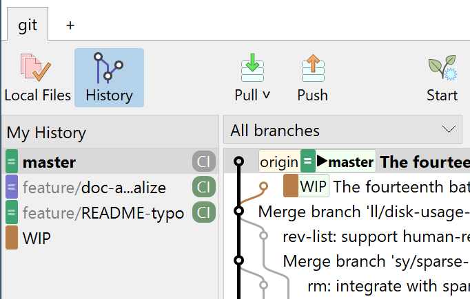 The 'My History' section also show the state of your branches in the Continues Integration.