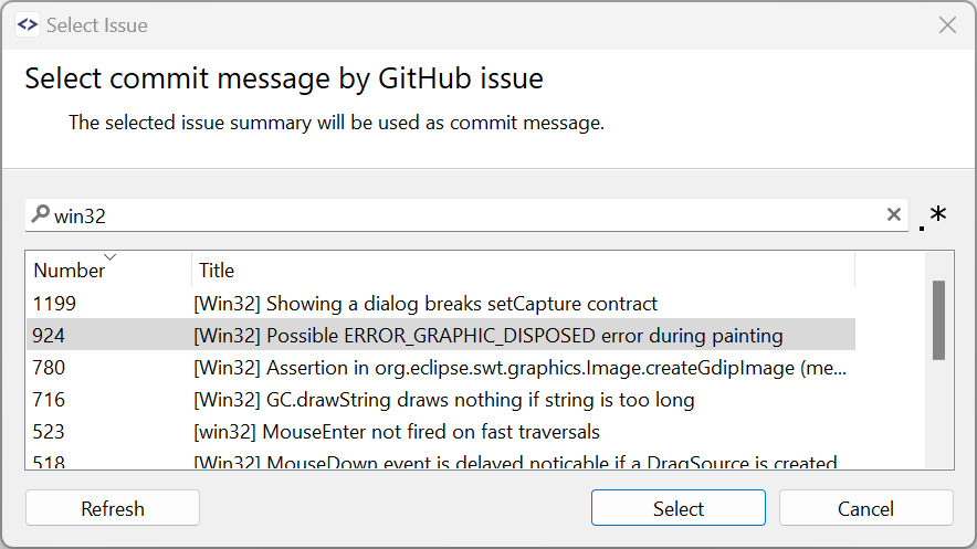 Allows to select an issue from GitHub.